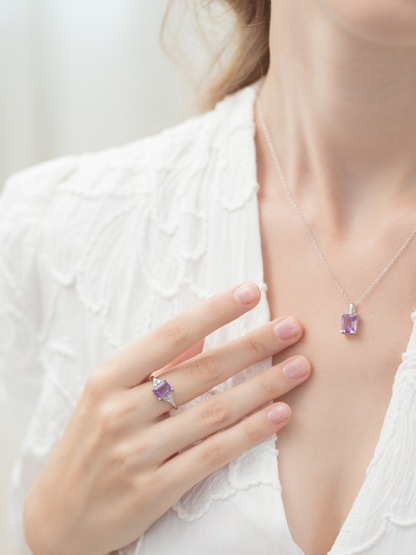 Lavender Amethyst Emerald Cut Pendant Necklace in Sterling Silver