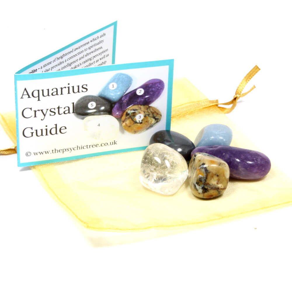 Aquarius Crystal Bundle: Amethyst, Angelite, Dendretic Agate, Clear Quartz, and Hematite