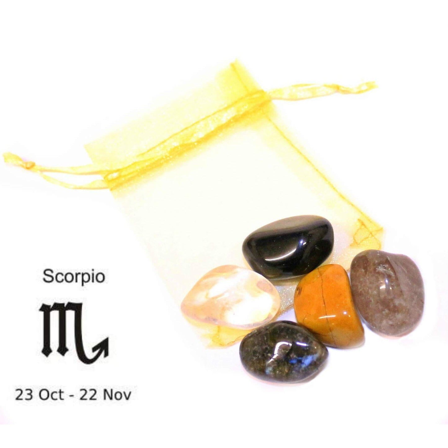 Scorpio star sign crystal bundle: Clear Quartz, Yellow Jasper, Labradorite, Black Obsidian, and Smokey Quartz
