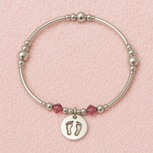 Baby girl footprint charm sterling silver hand-made women's stacking bracelet by My Silver Wish