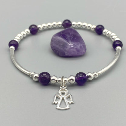 Angel Charm Amethyst Healing Crystal Women's Sterling Silver Stacking Bracelet by My Silver Wish