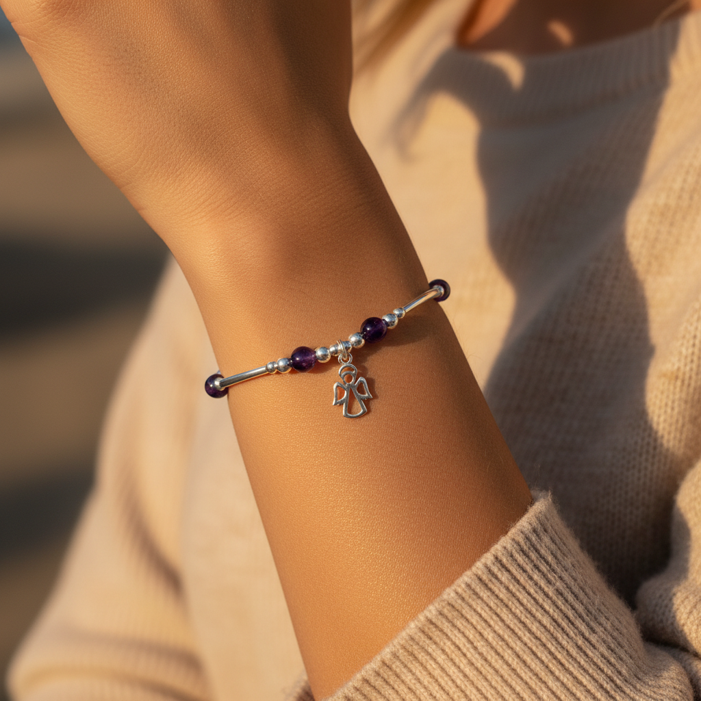 Woman wearing a Angel Charm Amethyst Healing Crystal Women's Sterling Silver Stacking Bracelet by My Silver Wish