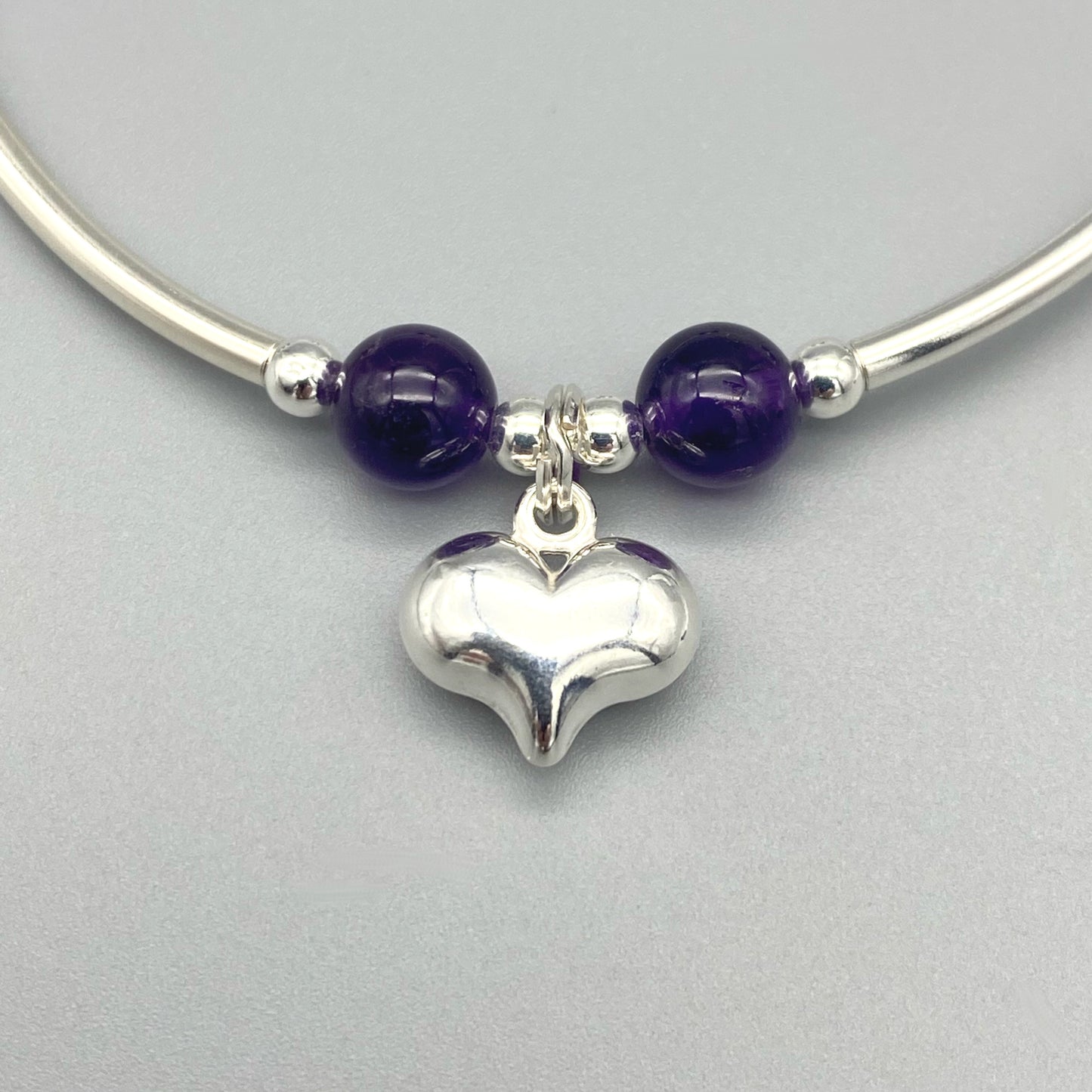 Closeup of Heart Charm Amethyst Sterling Silver Women's Stacking Bracelet by My Silver Wish
