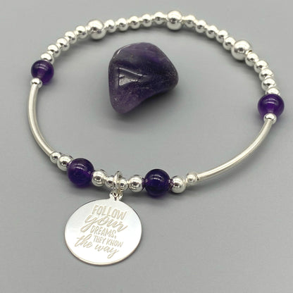 "Follow your dreams, they know the way" amethyst & sterling silver women's stacking bracelet by My Silver Wish