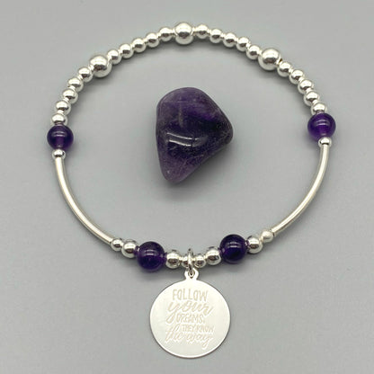 "Follow your dreams, they know the way" amethyst & sterling silver women's stacking bracelet by My Silver Wish