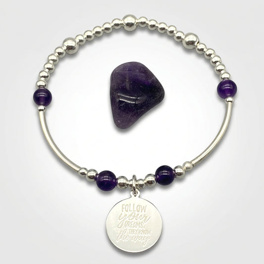 "Follow your dreams, they know the way" amethyst & sterling silver women's stacking bracelet by My Silver Wish