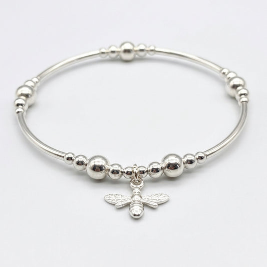 Bee charm sterling silver stacking stretch bracelet for her by My Silver Wish