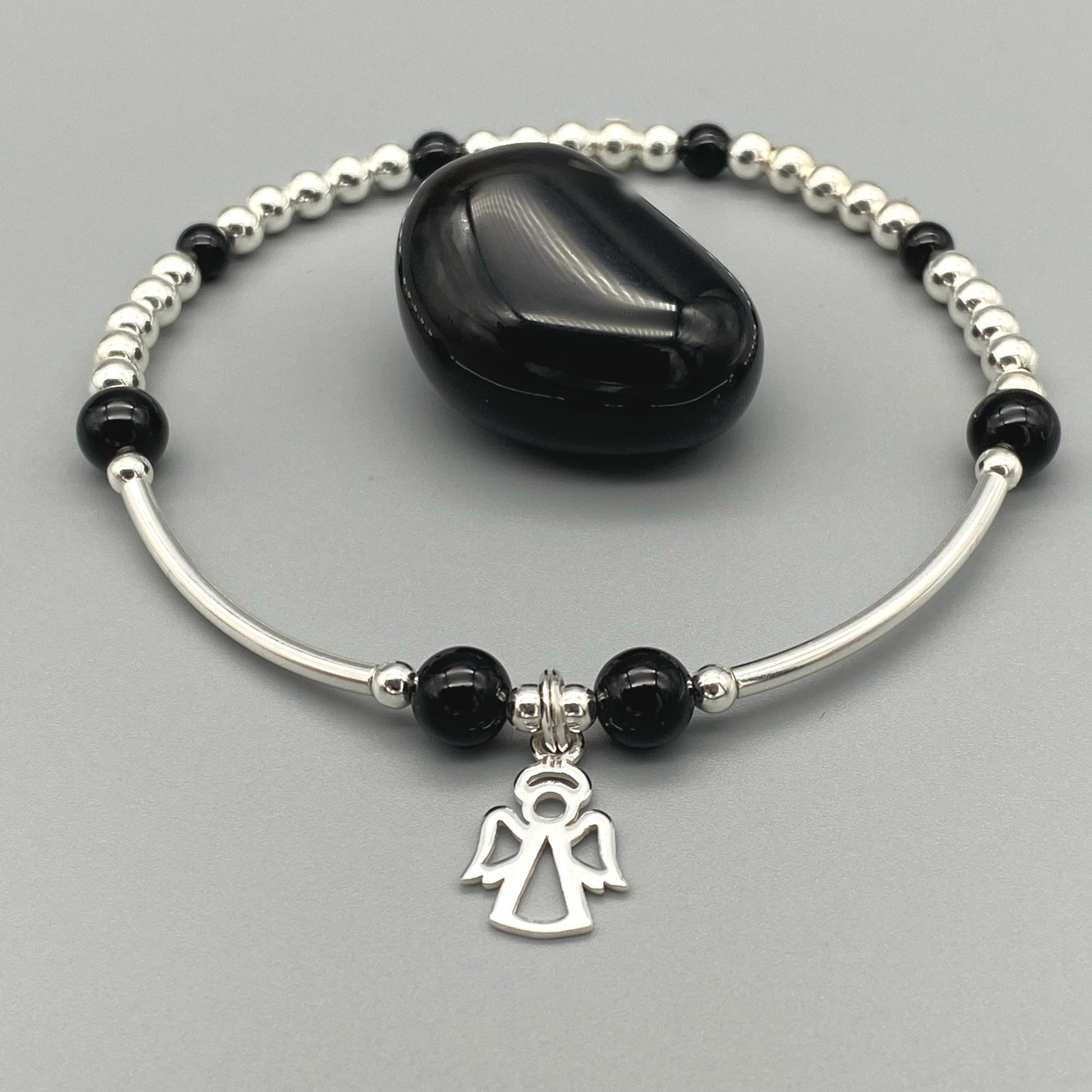 Angel charm black onyx gemstone women's sterling silver stacking bracelet by My Silver Wish