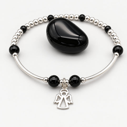 Angel charm black onyx gemstone women's sterling silver stacking bracelet by My Silver Wish