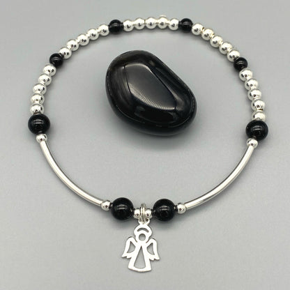 Angel charm black onyx gemstone women's sterling silver stacking bracelet by My Silver Wish