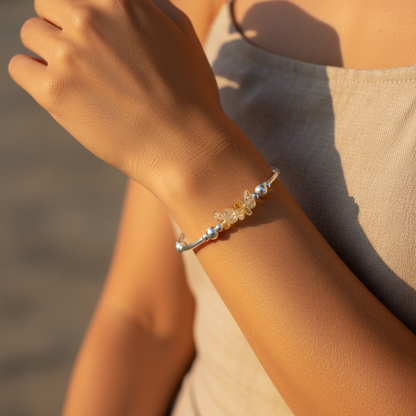 Woman wearing Citrine healing crystal & sterling silver women's stacking bracelet by My Silver Wish