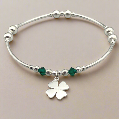 "Good Luck" charm four leaf clover sterling silver stacking bracelet for her by My Silver Wish