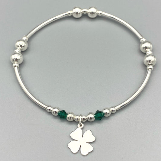 "Good Luck" charm four leaf clover sterling silver hand-made stacking bracelet by My Silver Wish