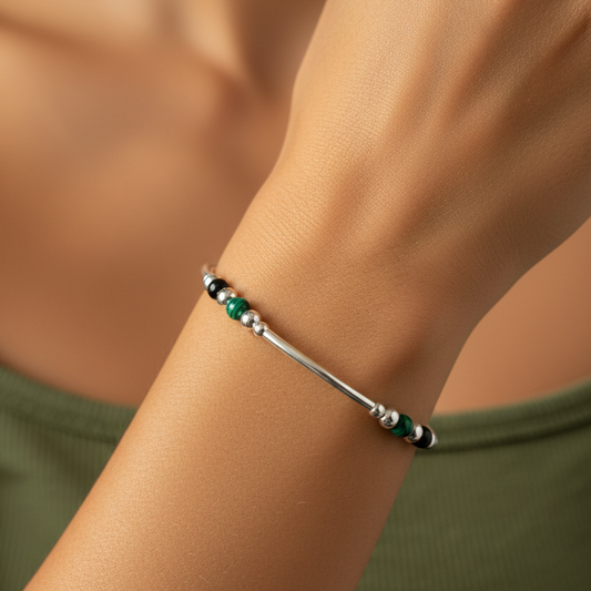 Woman wearing a Crystal healing bracelet for personal growth and transformation by My Silver Wish