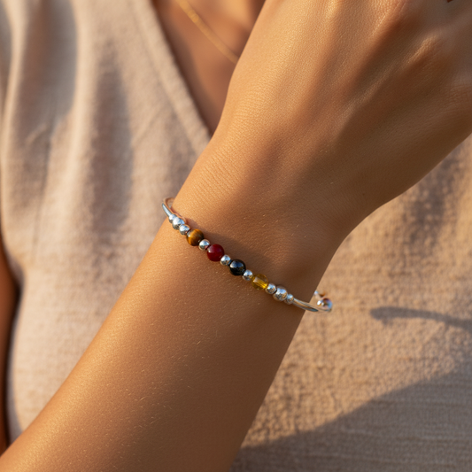 Woman wearing a Crystal healing bracelet for willpower by My Silver Wish