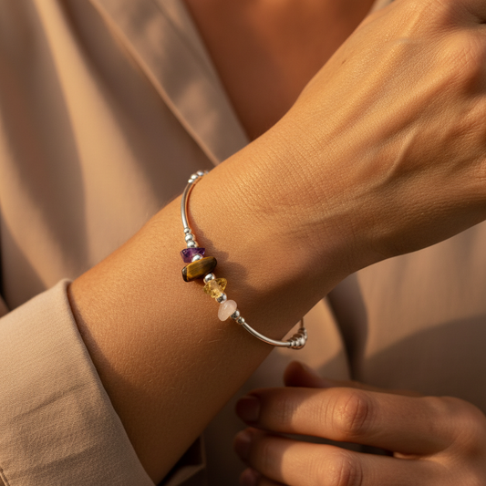 Woman wearing a Menopause Support Healing Crystal Chips Sterling Silver Stacking Bracelet by My Silver Wish