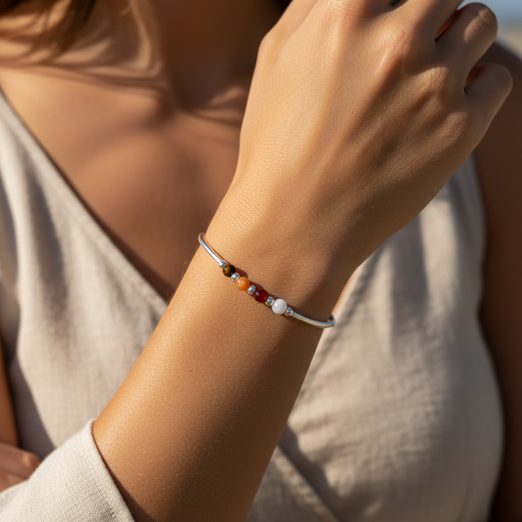 Woman wearing a Confidence healing crystal beaded sterling silver women's stacking bracelet by My Silver Wish