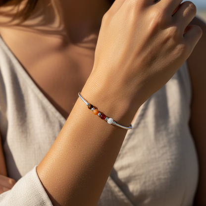 Woman wearing a Confidence healing crystal beaded sterling silver women's stacking bracelet by My Silver Wish