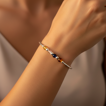 Woman wearing a Head calm women's silver healing crystal beads stacking charm bracelet by My Silver Wish