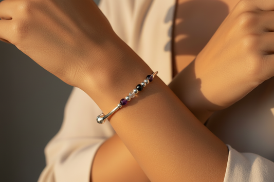 Woman wearing Weight loss healing women's crystal beaded sterling silver stacking charm bracelet by My Silver Wish