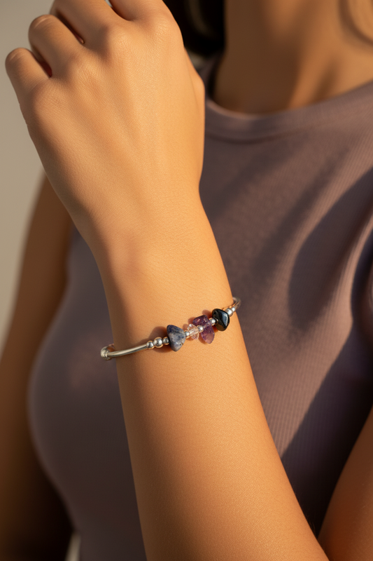 Woman Wearing A Weight loss healing crystal and sterling silver stacking bracelet by My Silver Wish