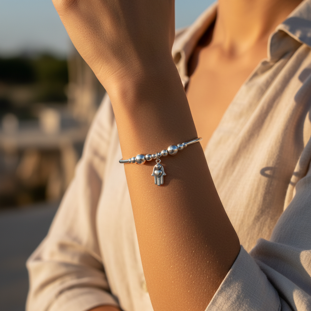 Model wearing a Hamsa hand hearts charm sterling silver stacking bracelet for her by My Silver Wish