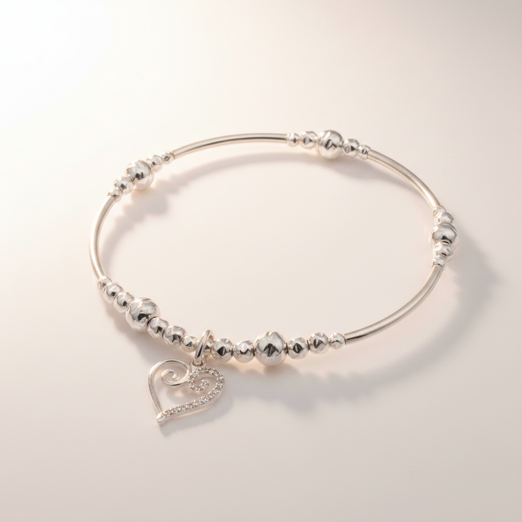 Scroll heart charm sterling silver hand-made women's stacking bracelet by My Silver Wish