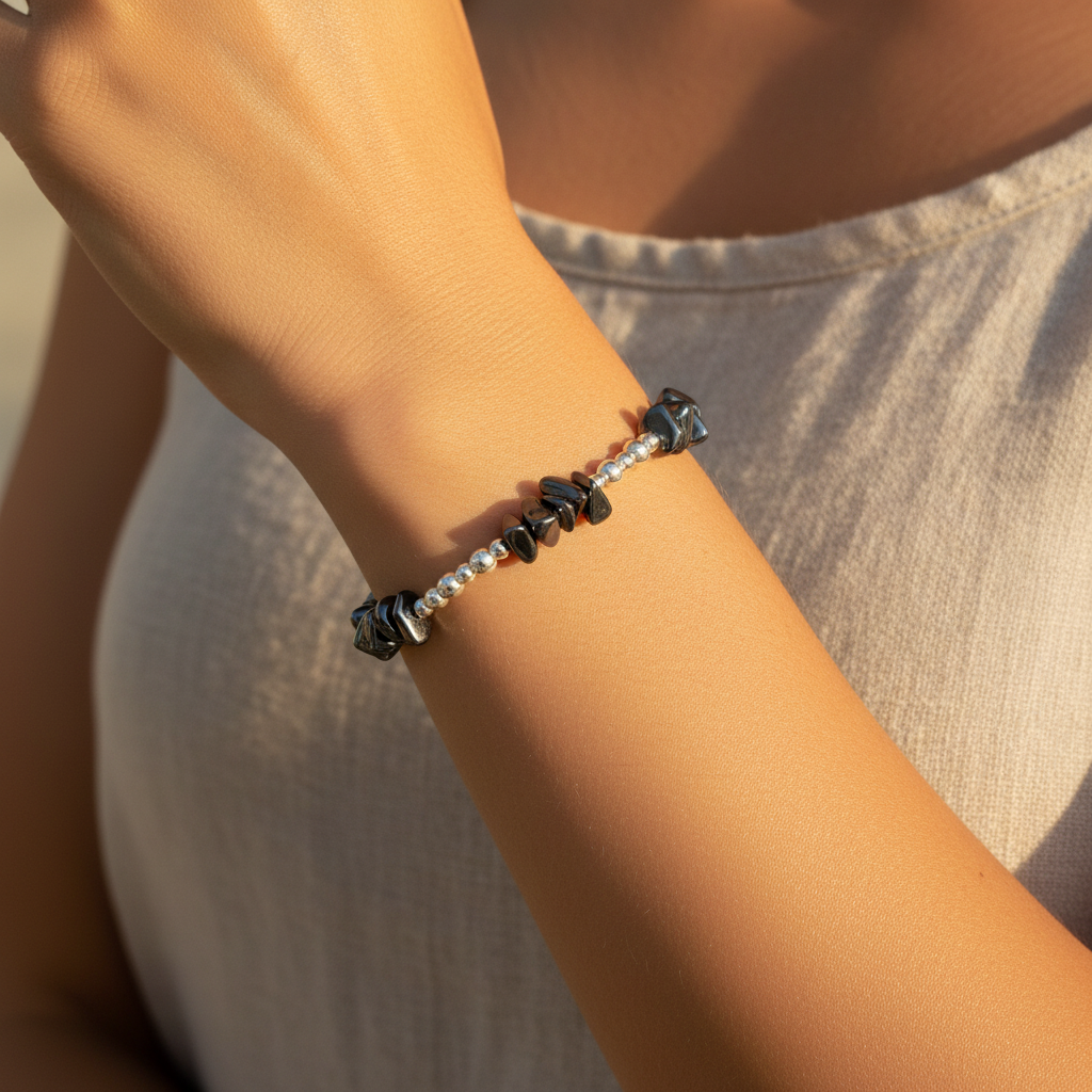 Woman wearing a bracelet featuring metallic grey hematite healing crystal chip beads and 925 sterling silver round beads, threaded onto stretch elastic.