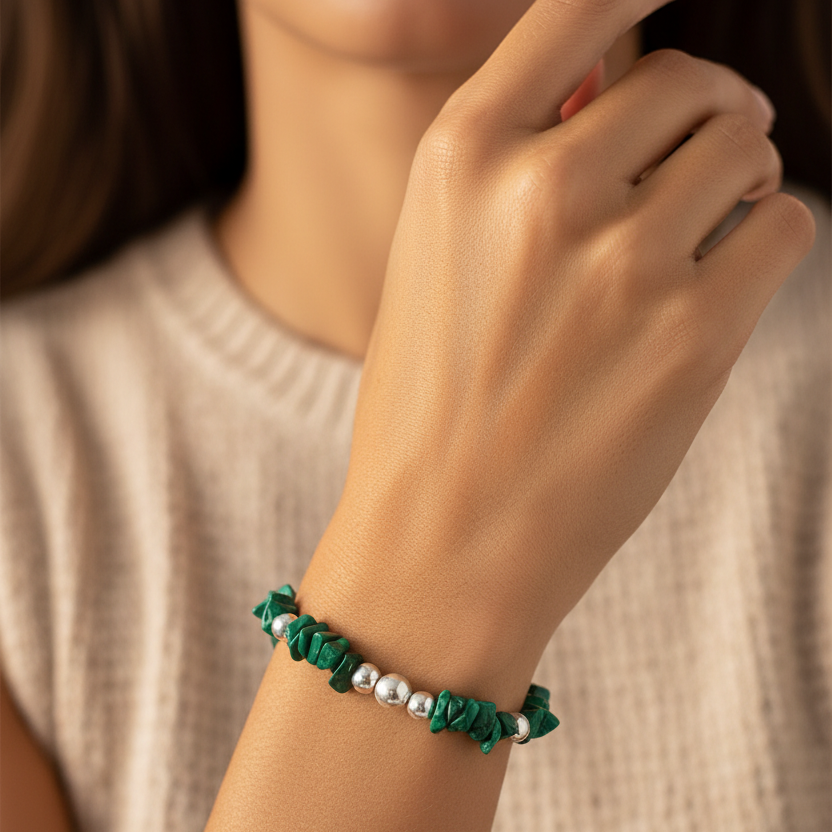Woman wearing a Malachite healing crystal & sterling silver women's stacking bracelet by My Silver Wish