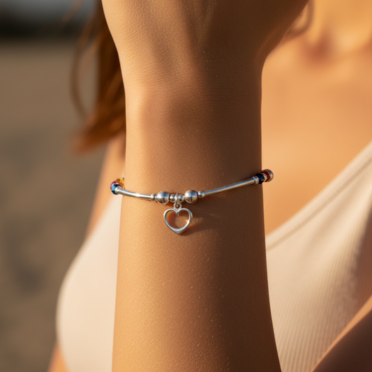 Heart Charm Rainbow Crystals Sterling Silver Women's Stacking Bracelet