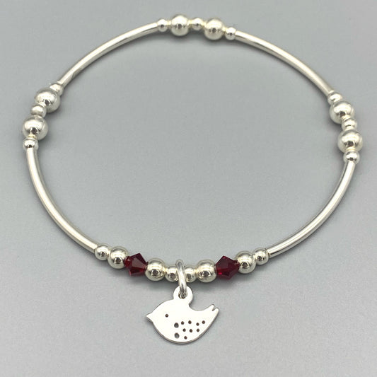 Robin charm red crystal sterling silver stacking bracelet for her by My Silver Wish