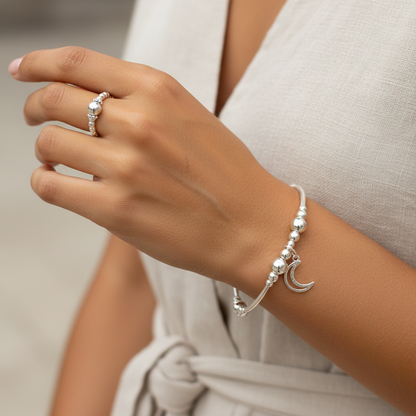 Model wearing a Moon charm sterling silver stacking bracelet & ring jewellery gift set for her by My Silver Wish