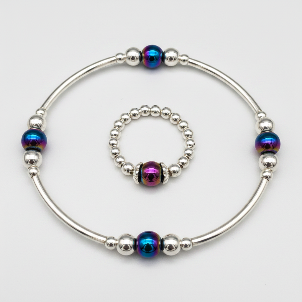 Rainbow hematite beaded sterling silver women's stacking bracelet & ring set by My Silver Wish