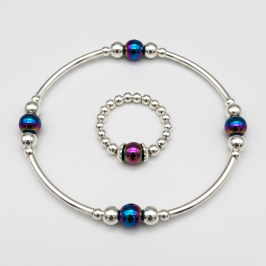Rainbow hematite beaded sterling silver women's stacking bracelet & ring set by My Silver Wish