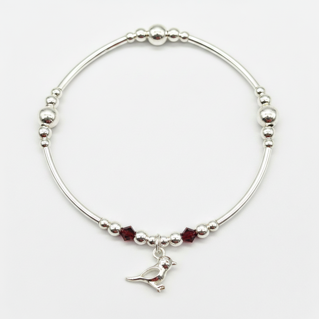 Robin charm red crystal sterling silver stacking bracelet for her by My Silver Wish