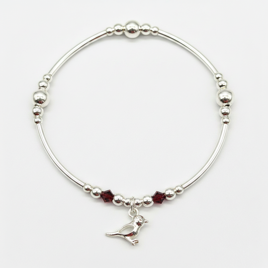 Robin charm red crystal sterling silver stacking bracelet for her by My Silver Wish