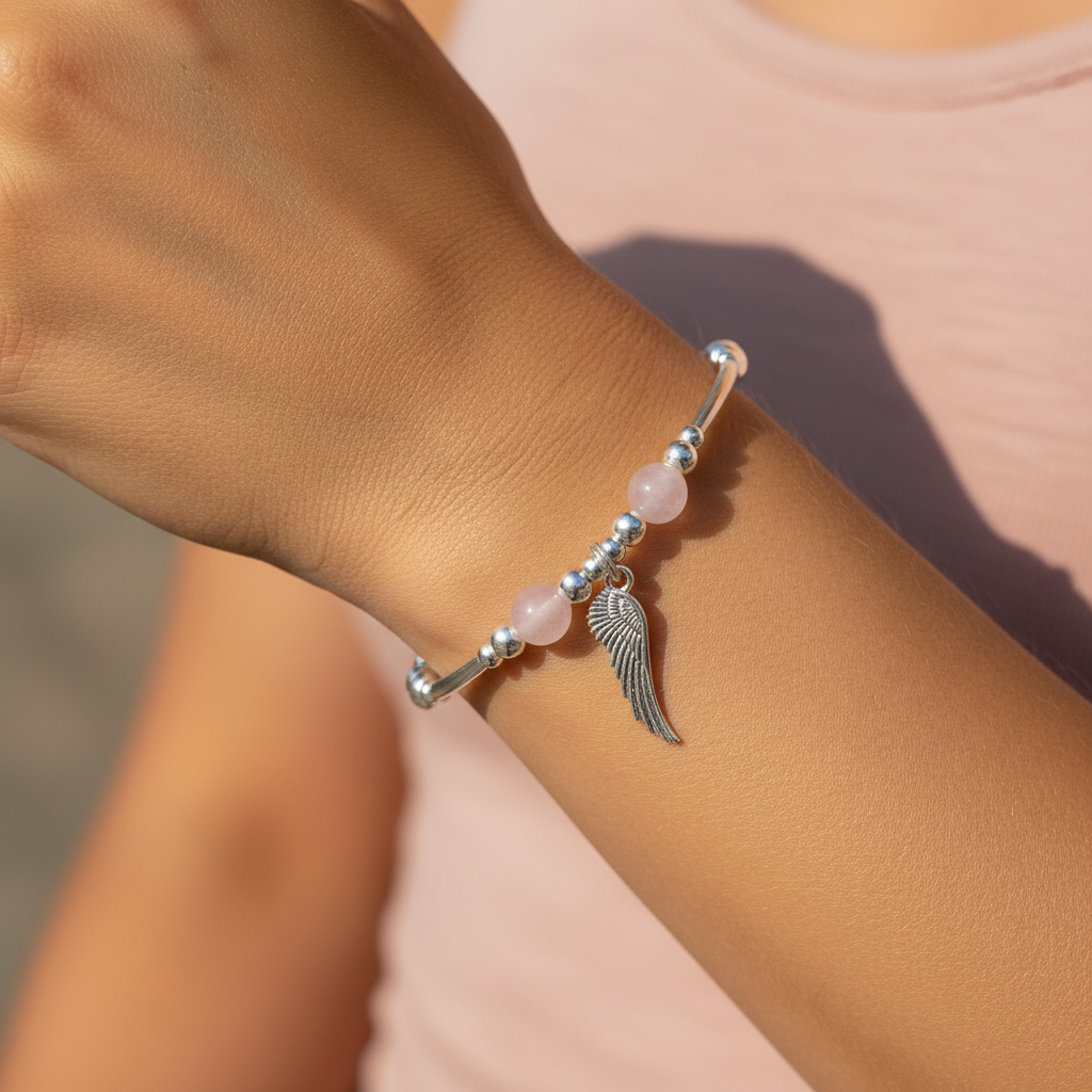 Model wearing a Angel wing charm & rose quartz sterling silver stacking bracelet by My Silver Wish
