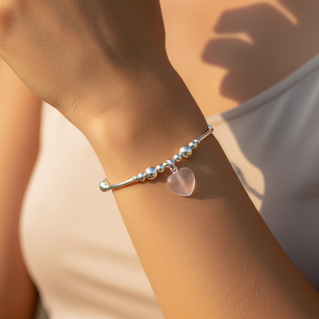 Model wearing a Rose quartz solid heart charm sterling silver hand-made women's stacking bracelet by My Silver Wish