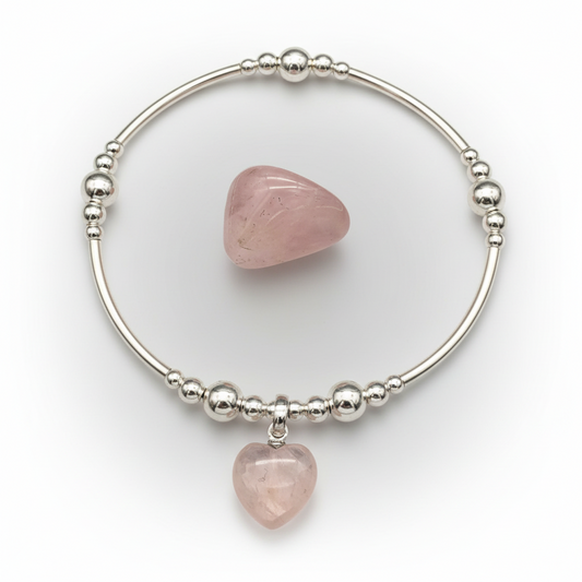 Rose quartz solid heart charm sterling silver hand-made women's stacking bracelet by My Silver Wish