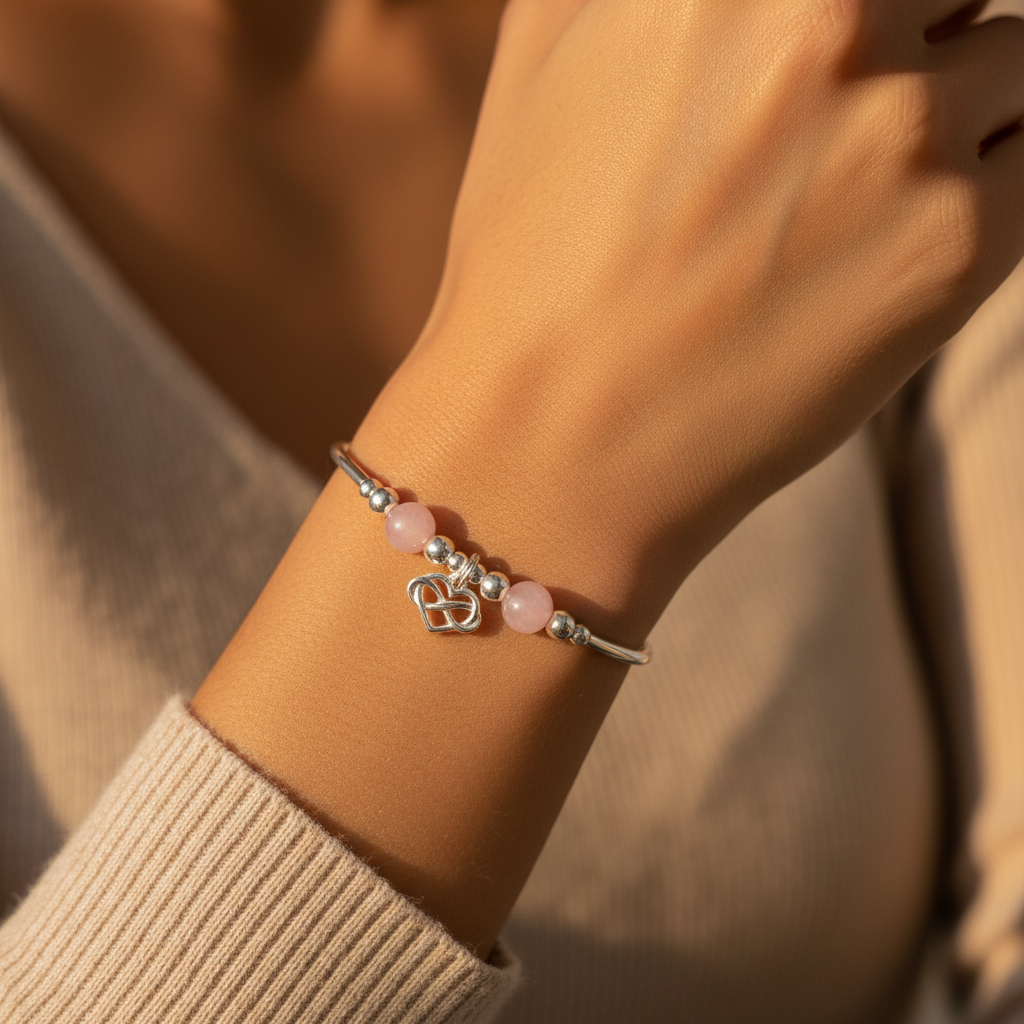 Woman wearing an Infinity heart charm rose quartz children's sterling silver stacking bracelet by My Silver Wish