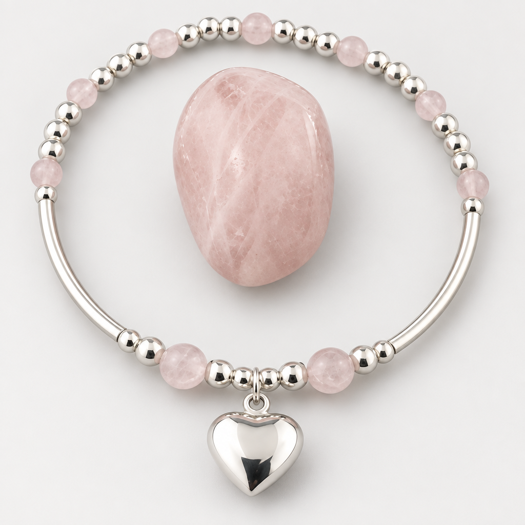 Heart charm sterling silver and rose quartz beaded bracelet for her by My Silver Wish