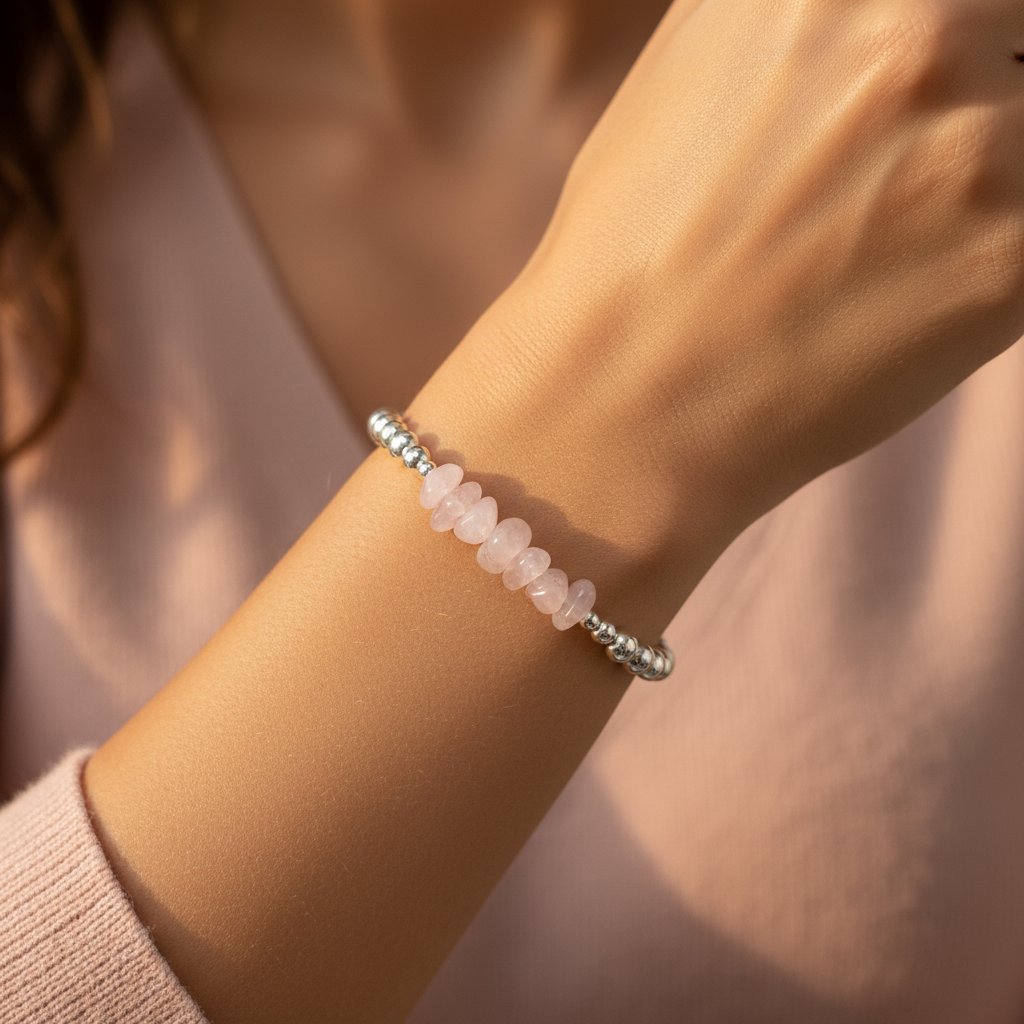 Woman wearing a Rose Quartz Chip Bead Sterling Silver Handmade Women's Stacking Bracelet by My Silver Wish