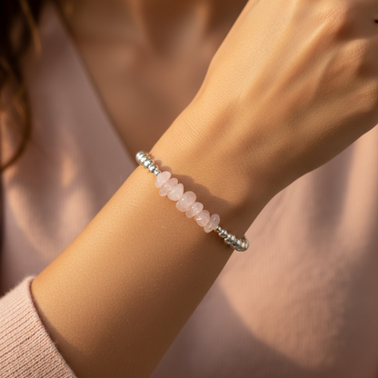 Woman wearing a Rose Quartz Chip Bead Sterling Silver Handmade Women's Stacking Bracelet by My Silver Wish
