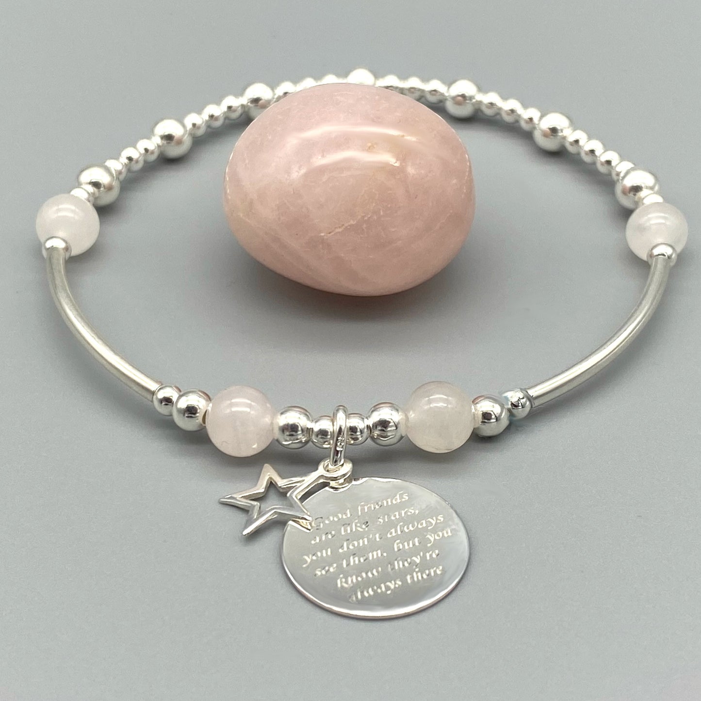 "Friends are like stars..." charm rose quartz & sterling silver women's stacking bracelet by My Silver Wish