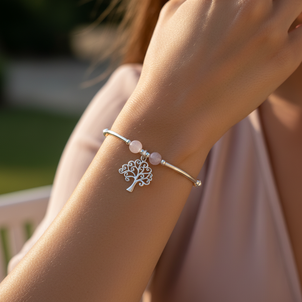 Model wearing a Tree of Life charm rose quartz & silver women's stacking charm bracelet by My Silver Wish