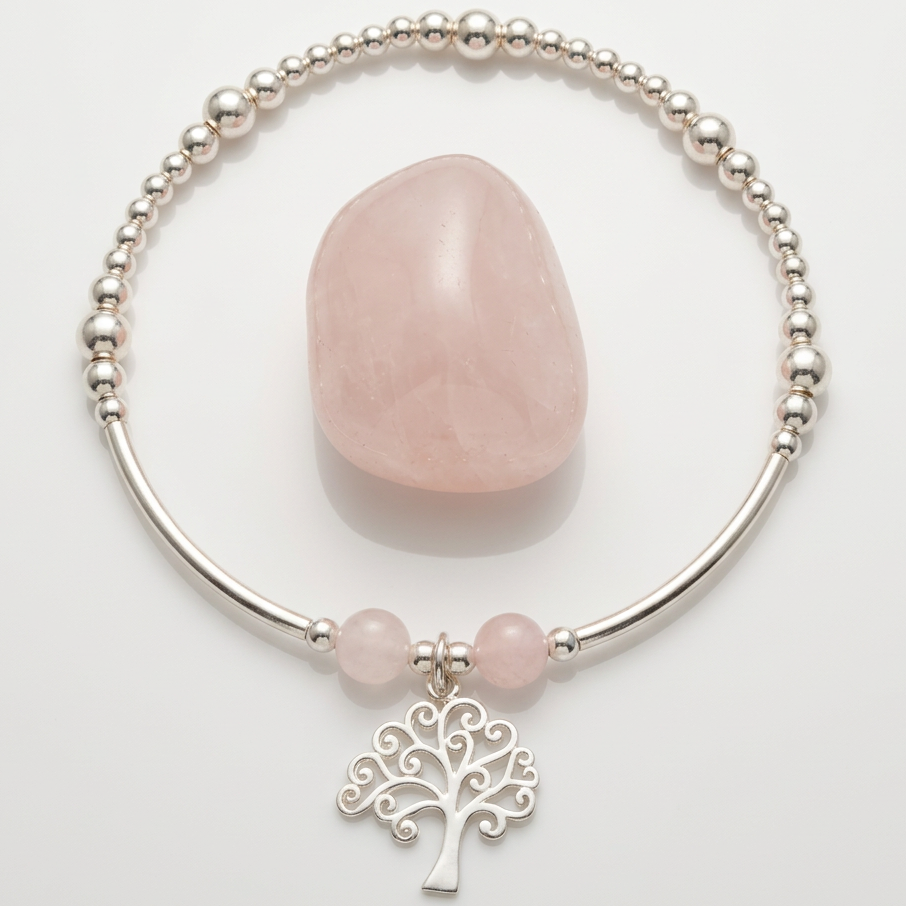 Tree of Life charm rose quartz & silver women's stacking charm bracelet by My Silver Wish