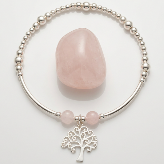 Tree of Life charm rose quartz & silver women's stacking charm bracelet by My Silver Wish