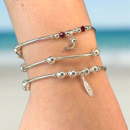 Loved Ones are Near when Feathers and Robins are Near, silver stacking bracelet set by My Silver Wish