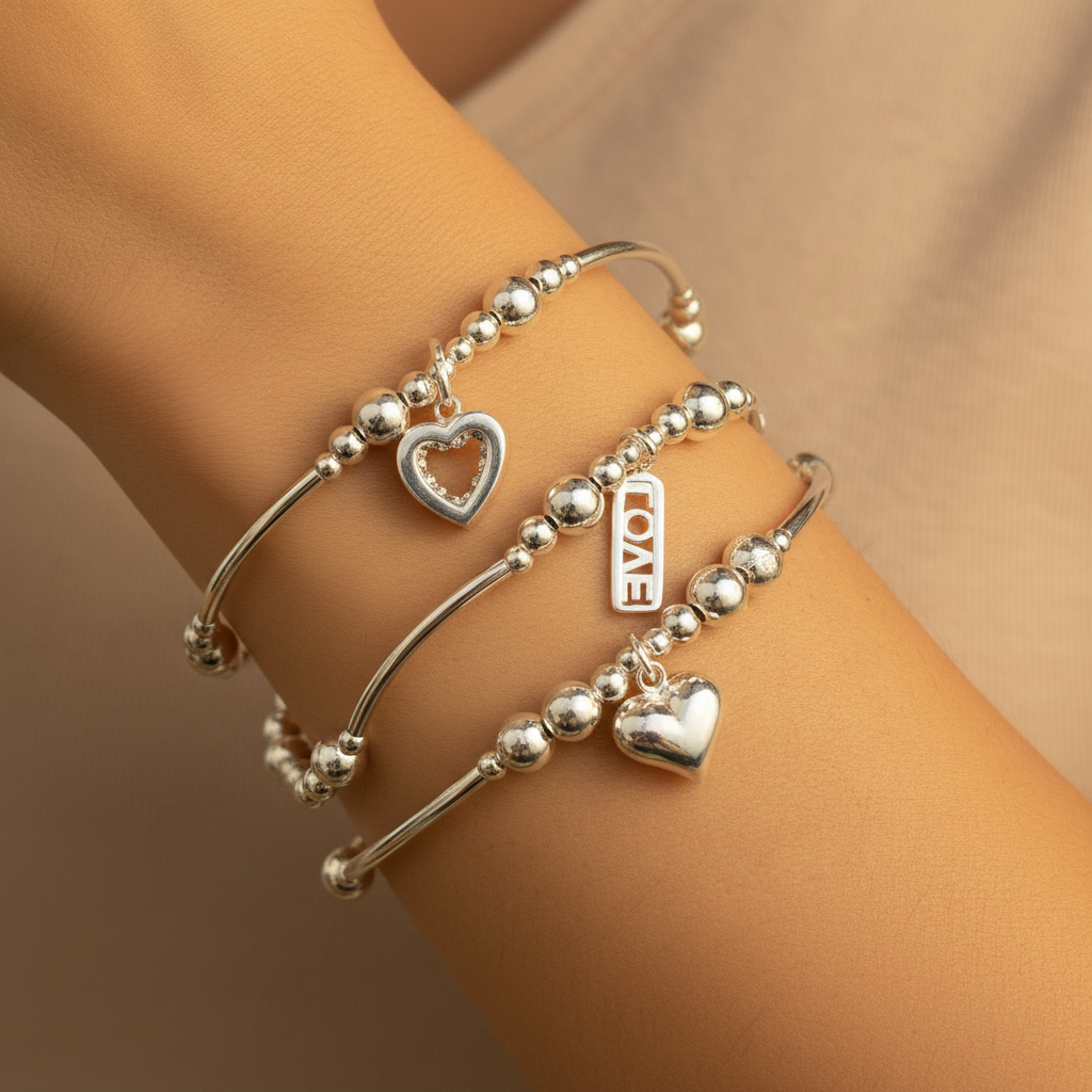 Model wearing a "Love" Charms Women's Sterling Silver Stacking Bracelet Set by My Silver Wish