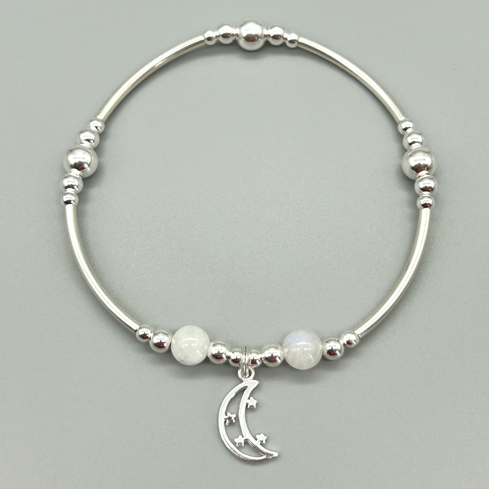 Moon and stars charm sterling silver and moonstone healing crystal stacking bracelet by My Silver Wish